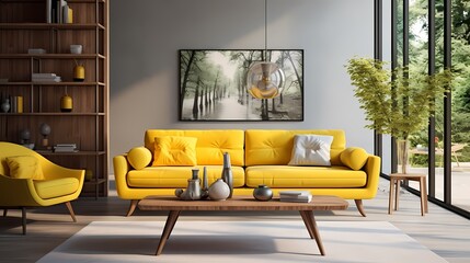 A modern living room featuring a vibrant yellow sofa, a sleek white coffee table, and minimalist...