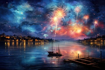 Colorful fireworks dye the night sky beautifully. Generative AI