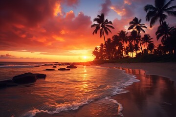 Fototapeta na wymiar palm tree on the beach during sunset of beautiful pink sky Generative AI