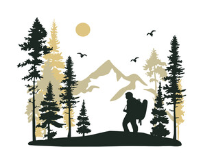man with backpack in the mountains silhouette vector 