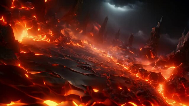 Intense Stormy Scene With Fiery Lava Spewing From Volcano