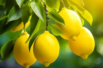 Close up bunch of fresh yellow ripe lemons with green leaves on a tree. Citrus tree in a sunny day