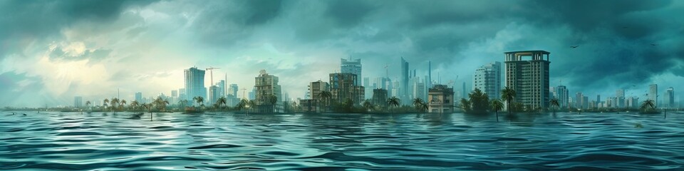 Rising waters Earth, where cities have evolved into waterborne societies, with buildings atop floating foundations and boats as the primary mode of transportation - obrazy, fototapety, plakaty