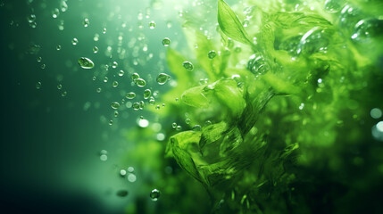 Green algae swirling elegantly underwater, creating a tranquil abstract backdrop.