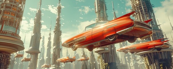 Retrofuturism realized 70s dream cars flying through the air cities with retro design towering high - obrazy, fototapety, plakaty