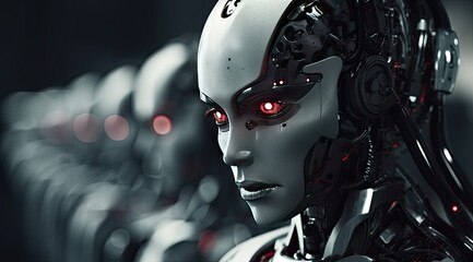 Futuristic sci-fi white robots lined up in a row, artificial intelligence technology.