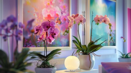 Orchid flowers in pots in neon light in a modern interior. The concept of fresh flowers in the interior of the office and home - obrazy, fototapety, plakaty