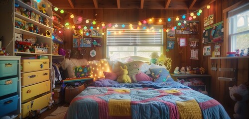 A whimsical children's bedroom filled with colorful toys, fluffy stuffed animals, and fairy lights twinkling above the bed.