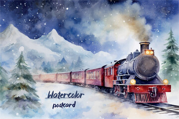 An ancient steam locomotive rides in a winter forest at night against the backdrop of mountains. Vector illustration, watercolor style. Postcard, print, website, book. © Елена Бегужинова