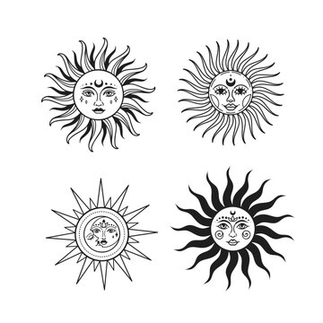Sun vector illustration set, hand drawn celestial boho line art logo, icons and symbol mystic moon tattoo elements for decoration.