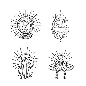 Snake, butterfly, Moon, Crystal vector illustration, hand drawn celestial boho line art logo, mystic moon tattoo elements for decoration.