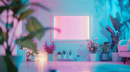 Interior white frame in neon light in a modern interior among flowers. Modern office and home decoration concept