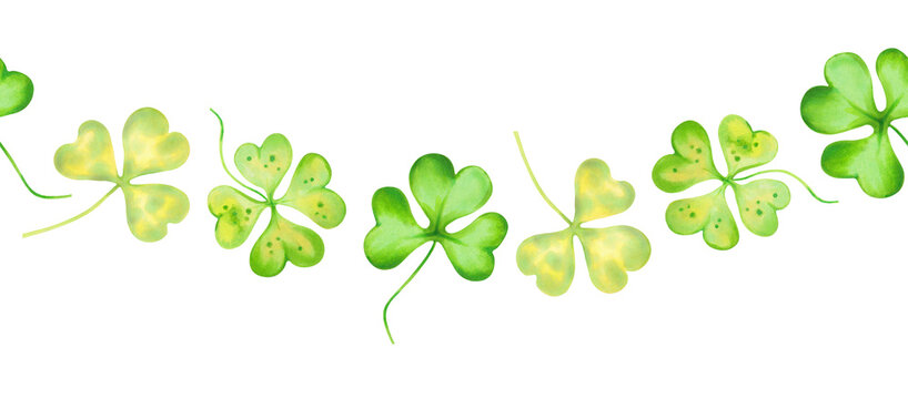 Horizontal seamless border with shamrock and four leaf clover petals.Watercolor and marker illustration.Hand drawn Irish symbol for St. Patrick's Day.Isolated design element for packaging,web banner.