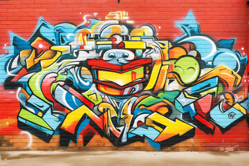 multiple graffiti tags layered on a brick wall