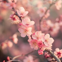 Obraz premium Spring border or pink floral background illustration. Beautiful nature scene with blooming tree. Spring flowers. Beautiful Garden Abstract blurred background. Spring time