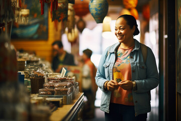 woman buying souvenirs at a local shop - obrazy, fototapety, plakaty