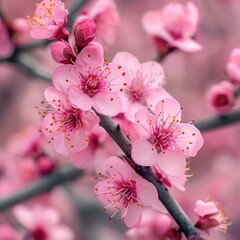 Obraz premium Spring flowering branches, pink flowers, leaves, flowers