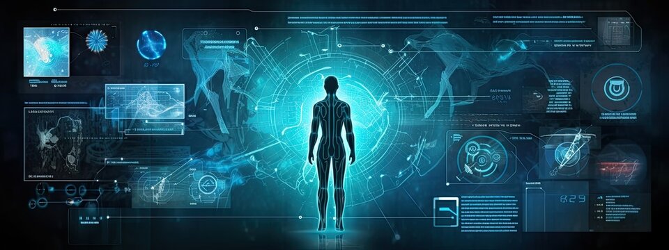 Future image of human computer interface in the style of detailed anatomy, future life concept based on human brain and body, healthcare application hologram