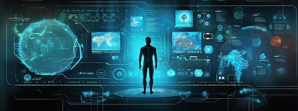 Future image of human computer interface in the style of detailed anatomy, future life concept based on human brain and body, healthcare application hologram
