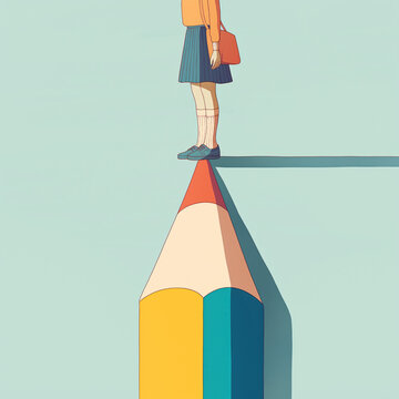 Feminist Concept: Woman Balancing on Pencil with Contrasting Colors