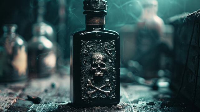 A bottle of poison on an old table.