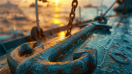 Vintage anchor on the deck of a ship. - obrazy, fototapety, plakaty
