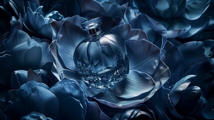 A luxurious perfume bottle nestled among velvet petals, evoking opulence and refinement. - obrazy, fototapety, plakaty