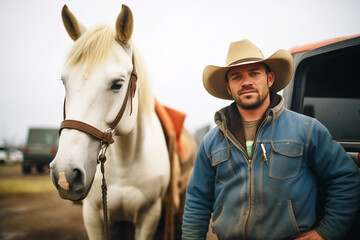 cowboy standing beside a pickup truck with horse trailer - obrazy, fototapety, plakaty