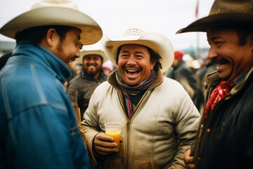 cowboy swapping stories with others at a rodeo - obrazy, fototapety, plakaty