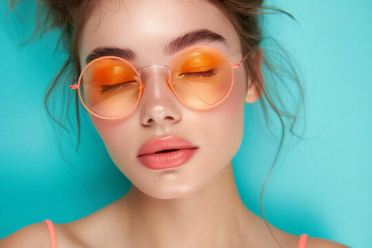 Portrait of beautiful young woman sending kiss on orange background. Close up photo portrait of winsome pretty cute lovely sweet glad nice lady sending kiss to you wearing orange transparent glasses