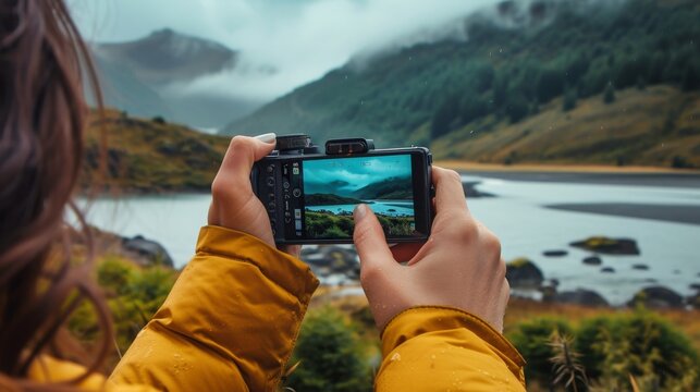 a person holding a camera with a lake in the background