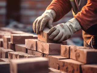 Close up of industrial bricklayer installing bricks on construction site.