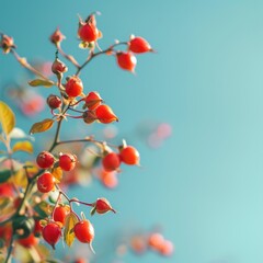 Branches with spring flowers on the background of the blue sky. A flowering shrub. Blue sky. Copy the space.