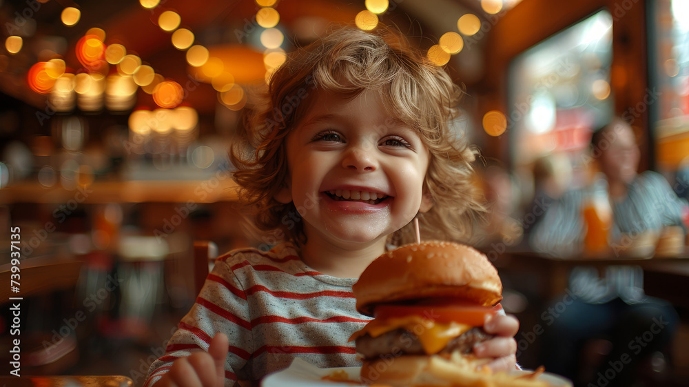 Wall mural Joyful child with a big burger. - Wall murals