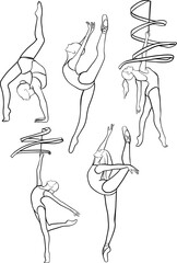 Rhythmic gymnastics girl with ribbon, set of vector outline illustration, isolated