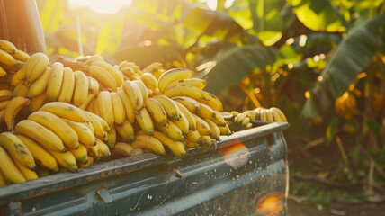 Harvest of ripe bananas in the back of a car.
