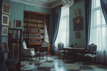 a room with a bookcase and chairs