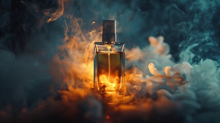 A perfume bottle emerging from a cloud of fragrant smoke, infusing the scene with mystery. - obrazy, fototapety, plakaty