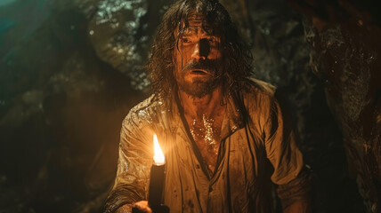 Atmospheric photo of a tired pirate with a torch in a dark cave.