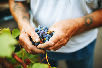 hand harvesting ripe grapes from courtyard vine - obrazy, fototapety, plakaty