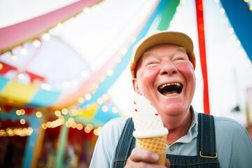 joyous senior with a multiflavored ice cream cone at a fair