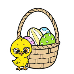 Cute cartoon chicken with basket with Easter eggs color variation on a white background. Image produced without the use of any form of AI software at any stage