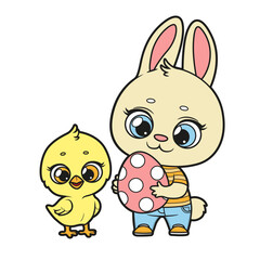 Cute bunny and chicken with an Easter egg in their paws color variation on a white background. Image produced without the use of any form of AI software at any stage