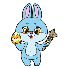 Cute bunny with an Easter egg and paint brushes in paws color variation on a white background. Image produced without the use of any form of AI software at any stage