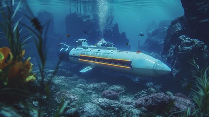 a submarine under water with fish and rocks