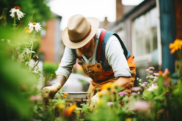 worker planting fresh flowers in an overgrown, neglected garden