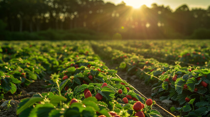erdbeerfeld im sommer, selber pflücken, Erdbeeren ernten, früchte und obst sind gesund, saftig, frisch und süss, reif, natur, pflanze, rot, essen, sonnenschein, sonnenlicht, sonne, warm - obrazy, fototapety, plakaty