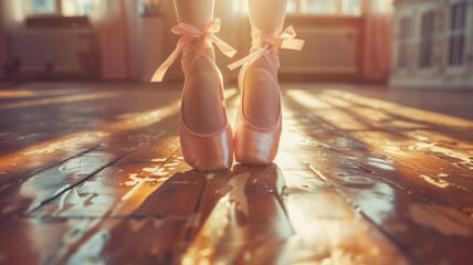 Graceful feet of a ballerina in pointe shoes.