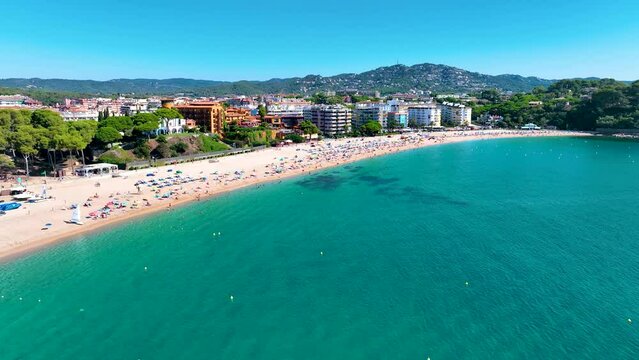 Top view of the beach of Lloret De Mar. Drone photo of Spain