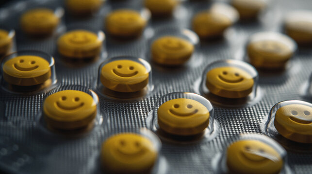 Pillen als smilie oder emoji, drogen, medikamente, gesundheit aus der apotheke, medizinisches medikament in tablettenform im blister, gute laune, medikation gegen depressionen, lachen